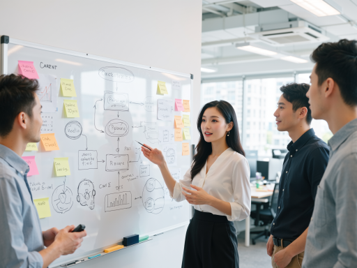 现代办公环境中四位年轻员工正在会议室讨论项目，其中一位女性员工站在白板前讲解方案，背景是落地窗和城市景观