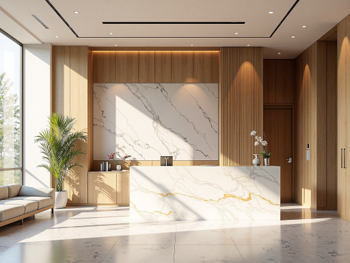 宽敞明亮的现代办公室接待区域，前台工作人员正在接待访客，背景是玻璃隔断的办公区域和绿植装饰