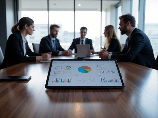 现代化科技公司办公室内部，多位员工围坐在圆桌旁进行头脑风暴会议，桌上摆放笔记本电脑和平板设备，墙上显示着数据图表